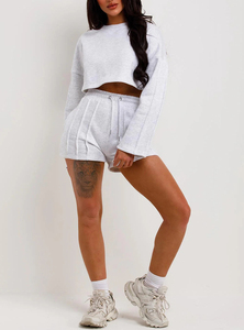 Custom Wholesale High demand Women Two Piece Shorts Set Cropped Sweatshirt High <b>Waist</b> Drawstring Shorts - Product Image 4