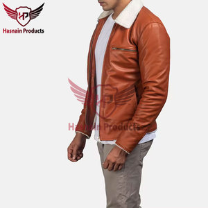 Chaqueta de cuero marrón para hombre con cuello de piel de cordero, piel auténtica, estilo casual de invierno, con cremallera. - Product Image 3