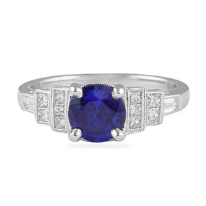 Anillo de compromiso de oro sólido de 14 quilates, diamante natural blanco de corte brillante redondo con zafiro azul, anillo fino de uso diario - Product Image 1