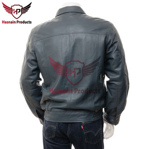 Chaqueta Bomber de Cuero Genuino Azul para Hombre, Cuello Camisero, Piel de Vacuno, Cintura Elástica, Bolsillos Laterales, Cierre Frontal con Cremallera, Clásica, Cálida y Personalizable - Product Image 4