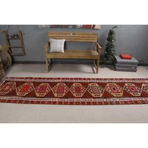 Turkish Herki Runner Rug 2.8x11.2 ft (86x342 Cm) Eco Friendly Vintage <b>Brown</b> Patchwork <b>Wool</b> Rug with Latex Backing - Product Image 3