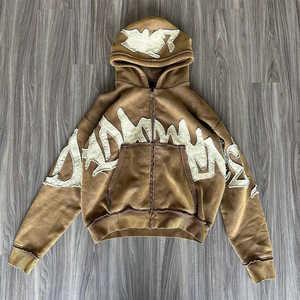 Custom High Quality Men 100% Cotton Fleece Loose Cropped Distressed Applique Patch Embroidery Acid Wash Breathable <b>Zip</b>-<b>Up</b> - Product Image 3