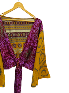 Robe portefeuille courte en soie taille libre Top portefeuille en tissu sari vintage Top bohème à imprimé floral - Product Image 3