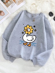 Cute Sunflower <b>Duck</b> Printing Hoodies Women Street Loose Pullovers Basics Sporty Sweatshirts Winter Fleece Warm Womans Clothes - Product Image 4