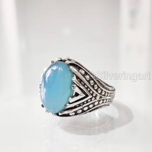 Anillo de Plata de Ley 925 con Calcedonia Azul Natural para Hombre, Todas las Tallas, Regalo de Boda Árabe, Joyería para San Valentín - Product Image 2
