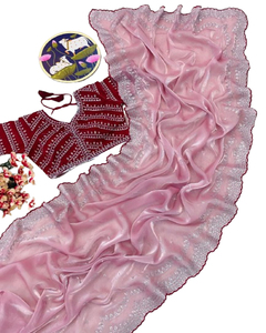 Fulpari Chất lượng cao sẵn sàng để mặc Ấn Độ <span class=keywords><strong>georgette</strong></span> <span class=keywords><strong>Sari</strong></span> với in đẹp và unstitched lụa áo cho đám cưới bên - Product Image 1