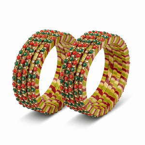 Ethnic Vintage Festive Lac Bangles Beaded Diamond <b>Bracelets</b> with Stripes Butterfly Geometric Patterns <b>Set</b> of 10 for Parties - Product Image 5