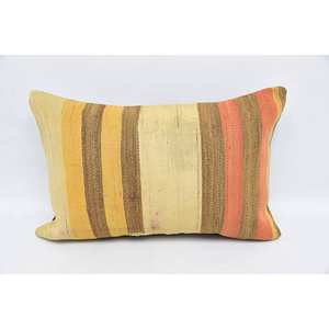 Subtle Striped Beige Kilim Patchwork Pillow 16x24 Inch Vintage <b>Square</b> Wool <b>Cushion</b> for Living Room Bedding - Product Image 1
