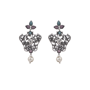 Boucles d'oreilles pendantes à la mode avec motif d'oiseau et de feuille rose et bleu ciel - Product Image 2