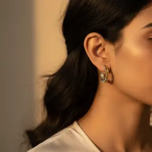 Boucles d'oreilles créoles en or 18 carats et argent 925 avec citrine pour femmes, pendentif en forme de goutte, bijoux plaqués or pour les fêtes - Product Image 3