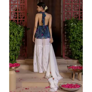 Conjunto de Salwar Kameez para Mujer Palma Blue Bandhani, Kurta Larga Tradicional con Teñido Anudado, Ropa Étnica Elegante de Seda y Chifón - Product Image 3