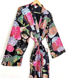 Handmade Indian Cotton Kantha Jacket for Women <b>Black</b> Cozy Winter Robe with Tie Belt for Spring Sleepwear - Product Image 6