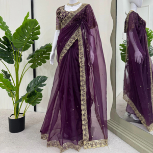 Elegante Faux Georgette Saree con trabajo de hilo y blusa de trabajo de hilo a juego con interior Pedidos al por mayor a granel - Product Image 1