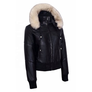 RIVIAN ATLANTIC Premium Chaqueta con capucha de cuero genuino negro para mujer, chaqueta de cuero estilo bombardero con capucha - Product Image 3