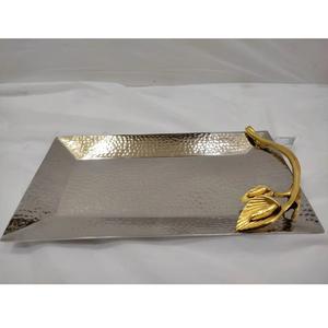 Modern Design Rectangular Shaped Hand-Beaten Metal Serving <b>Tray</b> Eco-Friendly with Golden One Side Metallic Handle - Product Image 5