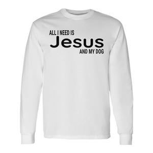 Camiseta de manga larga con diseño de fe cristiana, unisex, para adultos, de algodón, con cuello redondo, con la frase "Todo lo que necesito es Jesús y mi perro" - Product Image 1