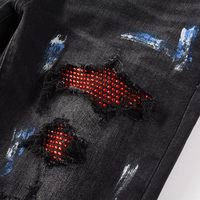 Jeans en denim à patchwork de cristaux rouges pour hommes, pantalon skinny stretch à coupe ajustée, pantalon déchiré peint avec strass, pantalon déchiré