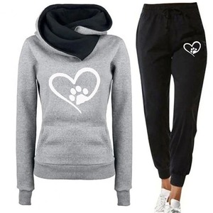 Conjunto de ropa de calle de algodón 100% para mujer, Sudadera con capucha de manga larga, pantalones, traje con patrón sólido, chándal de dos piezas activo de terciopelo - Product Image 1