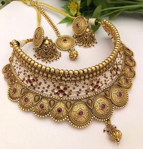 Exclusive Premium Quality Gold Plated Polki Stones Look <b>Necklace</b> Set With Earrings Tikka for Wedding Wear Collection For Women - Product Image 1