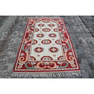 พรมขนแกะสีเบจสีแดงสไตล์วินเทจสำหรับห้องขนาด10มม. 4x6ft แนววินเทจผ้าสามเหลี่ยมแบบเย็บปะติดดีไซน์แบบแอบสแตรกต์สไตล์ชนเผ่าพื้นเมืองสำหรับห้อง10มม. - Product Image 1