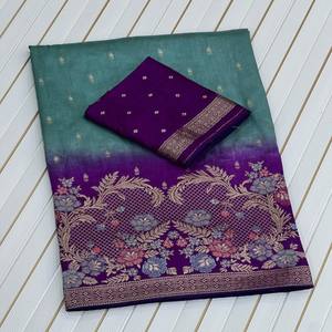 Sari en soie Dola VASTRA COTTAGE avec broderie, travail de sequins, bordure contrastée, dentelle brodée, chemisier ethnique pour les fêtes - Product Image 1