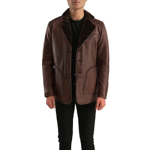 Veste d'hiver décontractée pour homme en cuir suédé véritable marron, écologique, à col rabattu, simple boutonnage, coupe-vent - Product Image 1