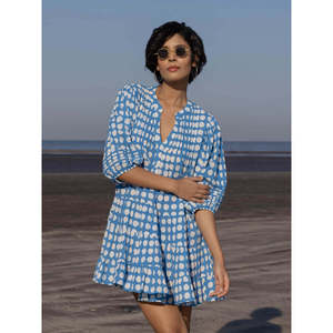 Robe midi vintage bleue à pois sans bretelles, tissée, avec ourlet à volants et boutons, coupe ample pour la plage - Product Image 3