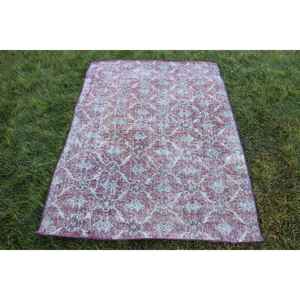 Alfombra Vintage, Alfombra Turca Decorativa de 3.8x5.3 pies, Alfombra de Lana con Bordes Rojos y Azules - Product Image 1