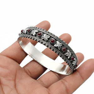 Fabulous Design 925 Sterling Oxidized <b>Silver</b> Indian Artisan Handcrafted Jewelry Natural Ruby Gemstone Round Shape Ethnic Bangle - Product Image 2