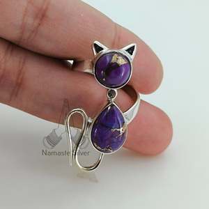 Purple Copper Turquoise Sterling Silver Handmade Fashion <b>Ring</b> Birthday Christmas Valentine's Day Gift for Girls <b>Cat</b> Lovers - Product Image 1