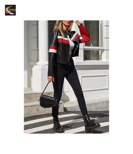 Femmes Moto Biker Vestes Faux Cuir Bomber Veste En Gros Couleur Bloc Racing Manteaux - Product Image 3