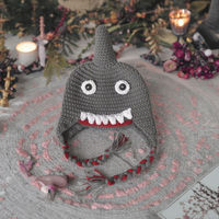 Gorro de Ganchillo Hecho a Mano para Otoño/Invierno, Cálido, con Diseño de Tiburón, Gorro de Punto de Algodón para Bebé con Cola de Caballo, Personalizado, Venta al Por Mayor, Patrón de Dibujos Animados