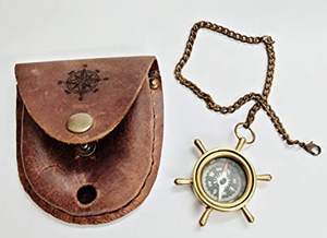 Boussole de pointage nautique en laiton dans une boîte en cuir marron cadeau fait à la main guide de direction qibla brillance Antique avec chaîne - Product Image 2