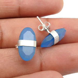<b>Emerald</b> Cut Earring 925 Sterling Silver Natural Chalcedony Gemstone Oval Shape <b>Stud</b> Earrings Handmade Jewelry Wholesale Supplier - Product Image 3