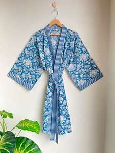 Vestido de algodón con estampado floral hecho a mano Indian Resort Wear Cover Up Kimono de algodón Robe Dressing Block Print Bata de dama de honor - Product Image 3