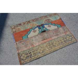 Vintage Turkish Rug 2.8 X 3.6ft <b>Red</b> Green Patchwork <b>Wool</b> Large Area for Entryway Hallway or Room Latex Backed - Product Image 2