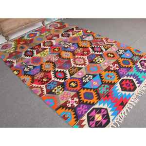 พรมตุรกีวินเทจ ขนาดใหญ่ 5.5x8.1 ฟุต พรมลายดอกไม้สีแดง - Product Image 1