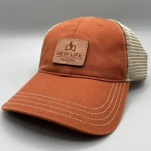 Custom Leather Patch Washed Trucker Hats, Laser Engraved Logo on Leather Patch Baseball Hat Custom Dad Hat by Vietnam Supplier