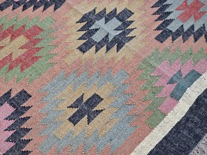 Alfombra de área de tejido plano con patrón geométrico, rectangular, estilo bohemio, de lana y acrílico, reversible, para sala de estar, con reverso de yute de pelo fino - Product Image 6