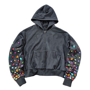 Sweat à capuche unisexe tendance pour homme, décontracté, hiver, avec strass personnalisés sur les manches, luxe, pull en polaire 400 GSM 100% coton - Product Image 2