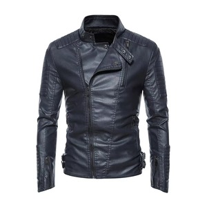 Veste en cuir pour homme, automne et hiver, vintage, moto, col montant, coupe-vent, à capuche, haut de gamme avec logo sur le devant - Product Image 3