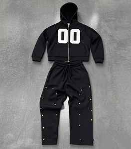<b>Black</b> Acid Washed Full <b>Zip</b> up Vintage Distressed Stone Acid Washed Streetwear Sweatsuit Flared Sweatpants and <b>Hoodie</b> Set - Product Image 6