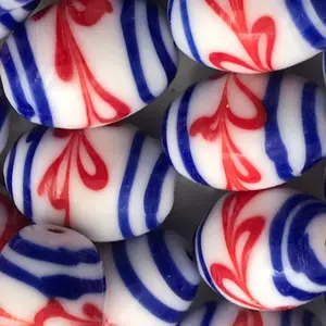 Indian 18mm <b>Lampwork</b> <b>Crystal</b> <b>Glass</b> <b>Beads</b> Oval Opaque White With Blue Red Stripes for Jewelry Making - Product Image 2
