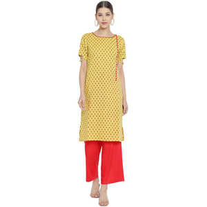Conjunto de Kurta Palazzo recto de algodón con estampado floral y rayón amarillo y rojo para mujer SMLXLXXL - Product Image 3