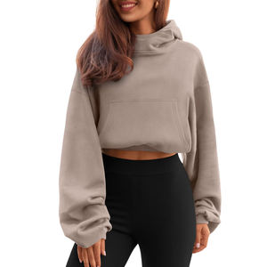 Sudadera con capucha de lana recortada con hombros caídos para mujer, venta al por mayor, logotipo estampado personalizado, Sudadera con capucha corta ligera y transpirable para mujer - Product Image 1