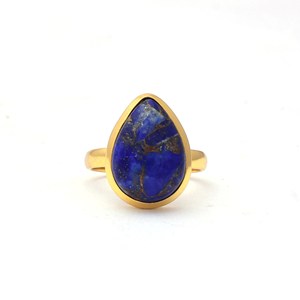 925 Solid Sterling Silver Healing <b>Crystal</b> <b>Ring</b> Unique Designer Handmade Natural Copper Lapis Lazuli Gemstone Bezel Setting Inlay - Product Image 1