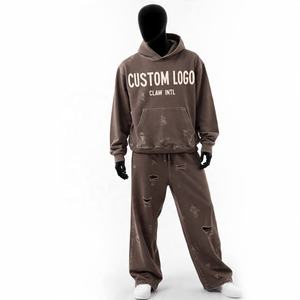 Custom Acid Wash Sun Faded Flared Sweatsuit Sudadera con capucha conjunto de pantalones de chándal para los hombres personalizados apliques parche bordado Jogger chándales - Product Image 4