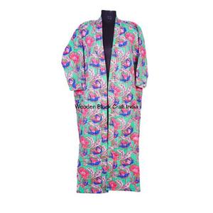 Robe kimono longue vintage en coton biologique 100% matelassée Kantha, fabriquée à la main en Inde, pour les festivals, le printemps, écologique, réversible, vêtements de nuit - Product Image 1