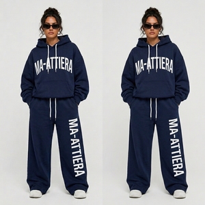 Conjunto Deportivo de Dos Piezas para Mujer, Sudadera con Capucha de Felpa Azul Marino, Pantalones Anchos con Estampado Gráfico, Ropa Casual de Calle - Product Image 1