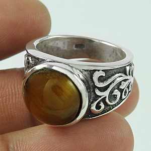 Anillo de Piedra Preciosa Ojo de Tigre de Corte Redondo Excelente, Anillo de Diseñador Bohemio Hecho a Mano en Plata de Ley 925 con Piedra Preciosa de Forma Redonda - Product Image 2